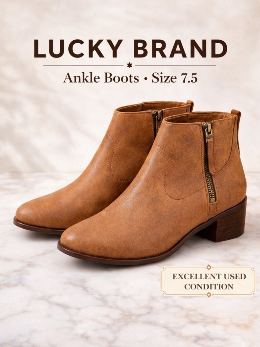 Lucky Brand Leather Ankle Boots 7.5 Brown Chelsea Booties Low Heel Casual